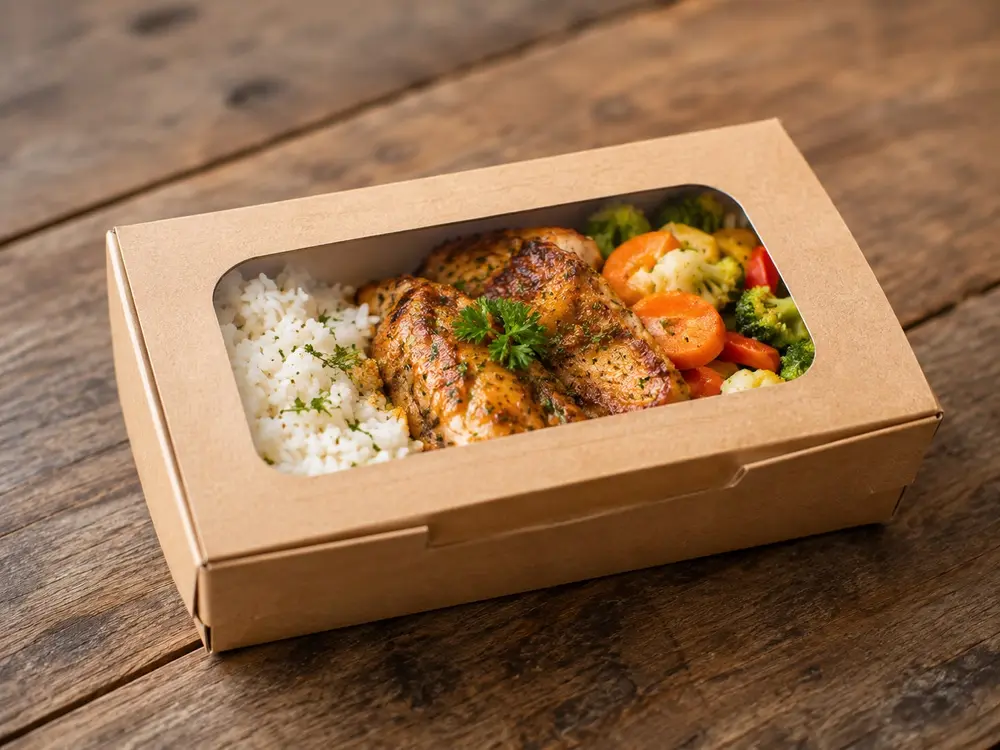 Pollo al horno con arroz y vegetales en una caja de cartón para llevar