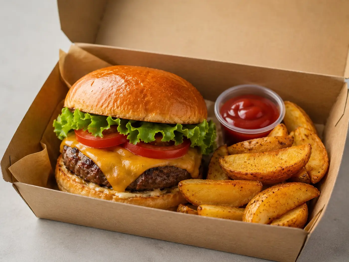 Hamburguesa con papas en una caja de cartón para llevar