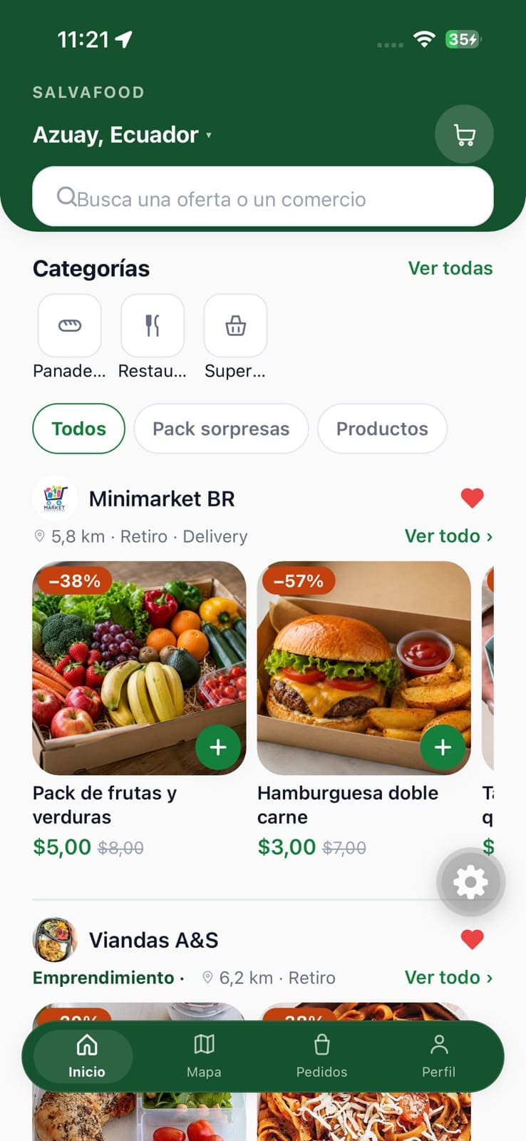 Pantalla de inicio de la app SalvaFood con ofertas cerca del usuario